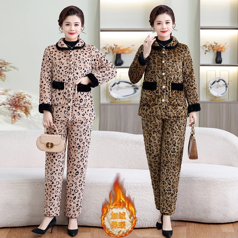 秋冬中老年妈妈装加绒保暖豹纹两件套装洋气休闲居家棉服女士棉衣