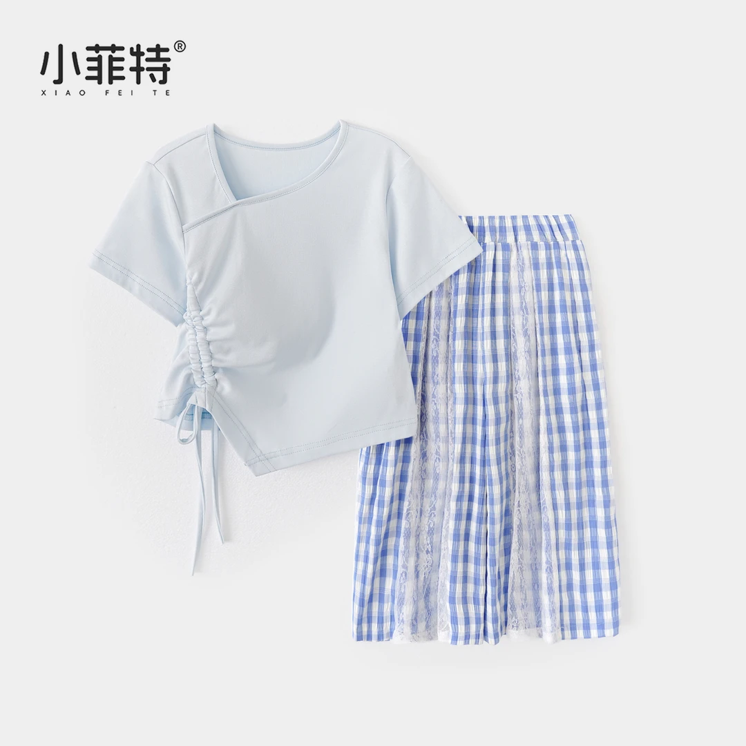 小菲特夏季新款女童套装韩版薄款女宝短袖格子裤两件套CJTX51801