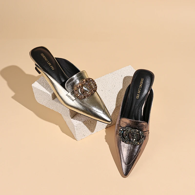 圣琳妃/羊皮/3CM法式水钻包头半拖鞋女外穿懒人凉拖D20072