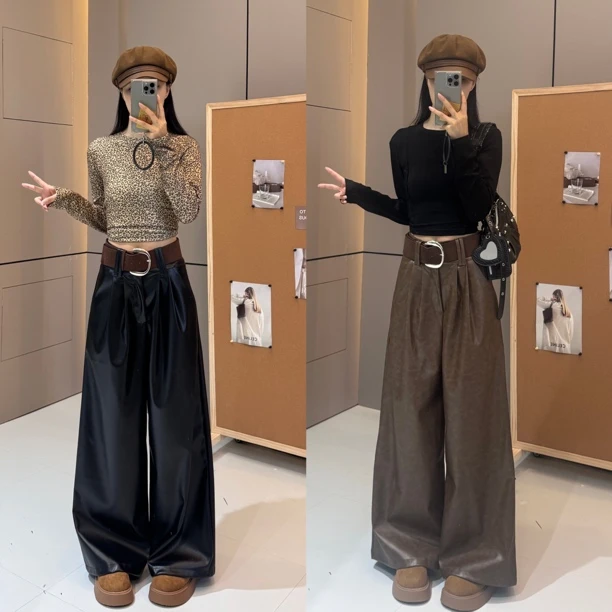 高腰显瘦配皮带PU皮阔腿女裤秋冬新款休闲拖地裤