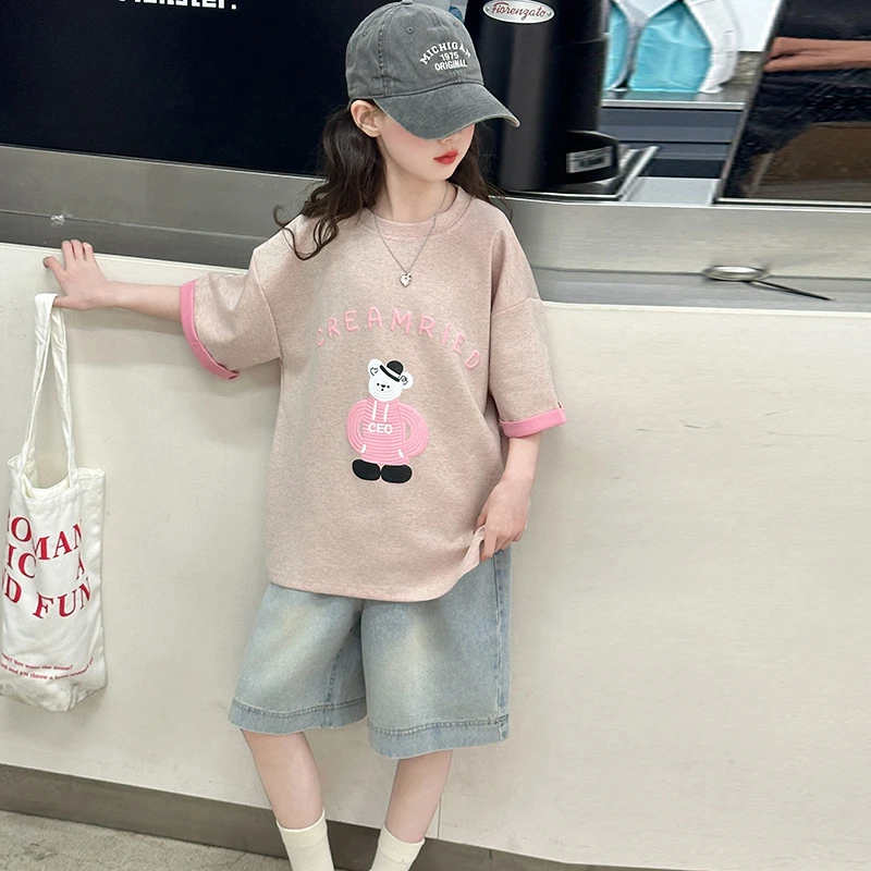 女童夏季时尚韩版短袖T恤2025新款中大儿童6-12-5岁 休闲牛仔中裤