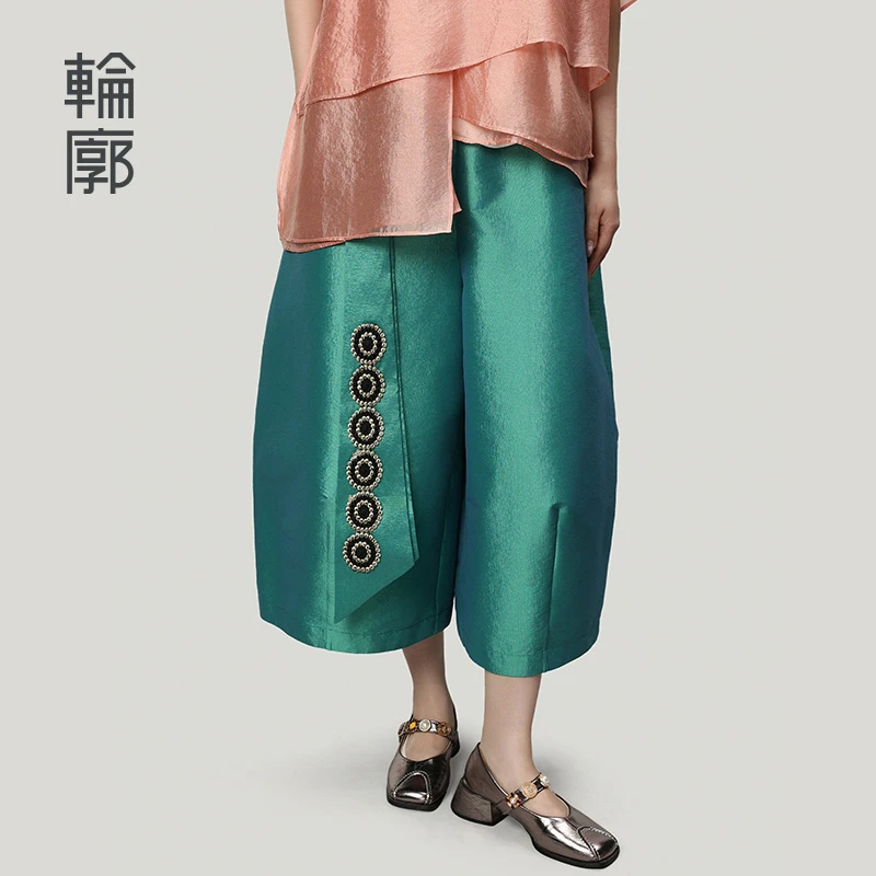 轮廓郁柏花苞裤素色立体中式显瘦国风气质八分休闲裤子绿L251K027