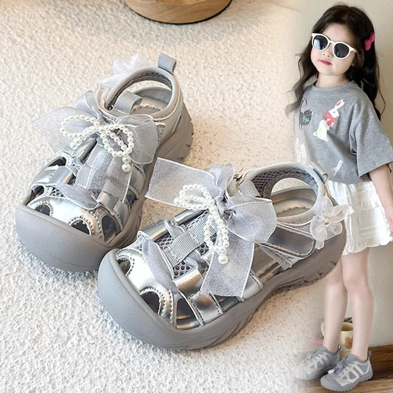 ABC银色女童芭蕾风凉鞋2025夏季新款儿童女孩鞋子包头软底公主鞋