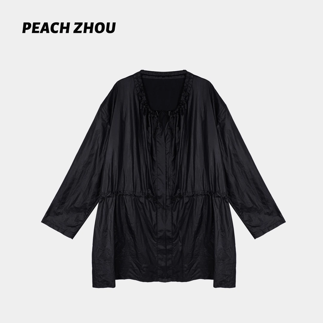 『PEACHZHOU』收腰抽绳开襟防晒外套简约休闲百搭纯色中长款开衫