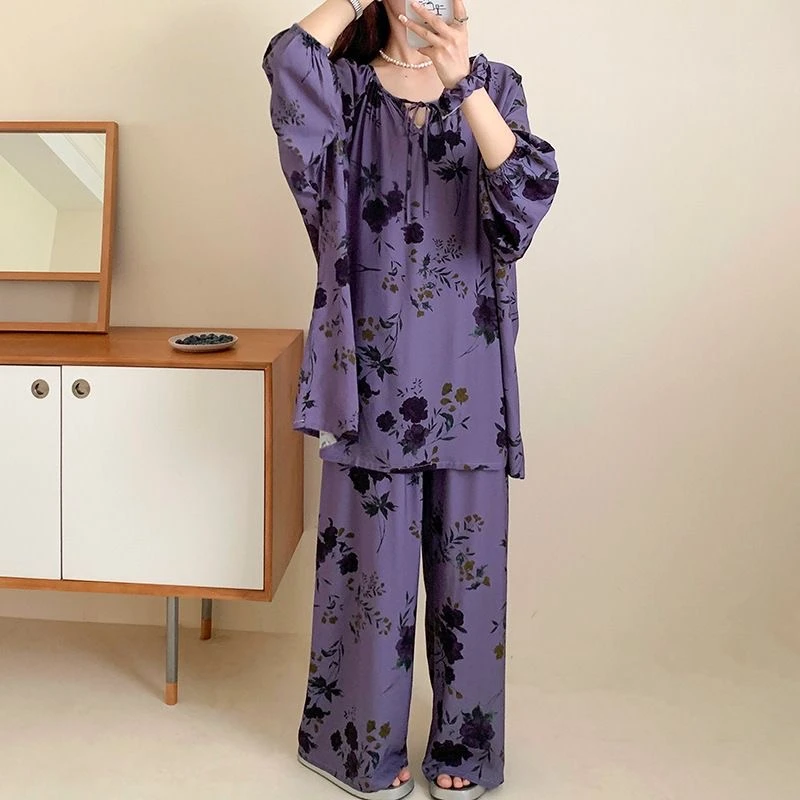 棉绸睡衣女薄款套装长袖长裤少女孩绵绸睡衣夏季休闲大码家居服女