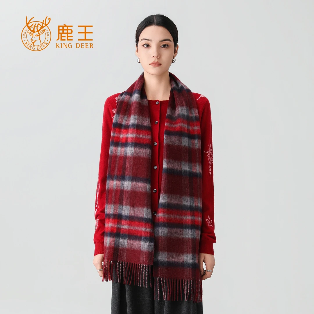 鹿王25秋冬新款100山羊绒经典格纹双面水波纹围巾围脖 WXL020