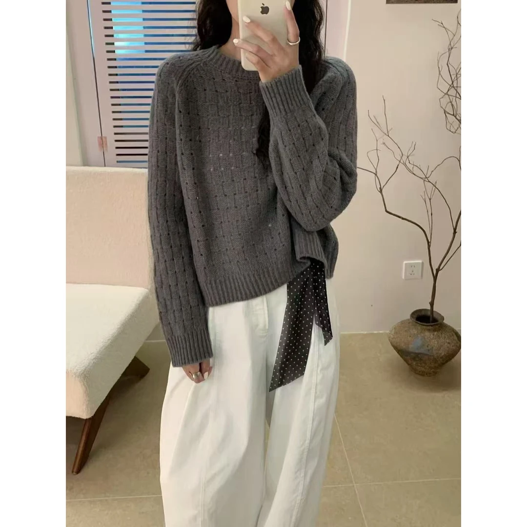 8908#针织毛衣圆领针织镂空秋季毛针织衫上衣网红秋冬