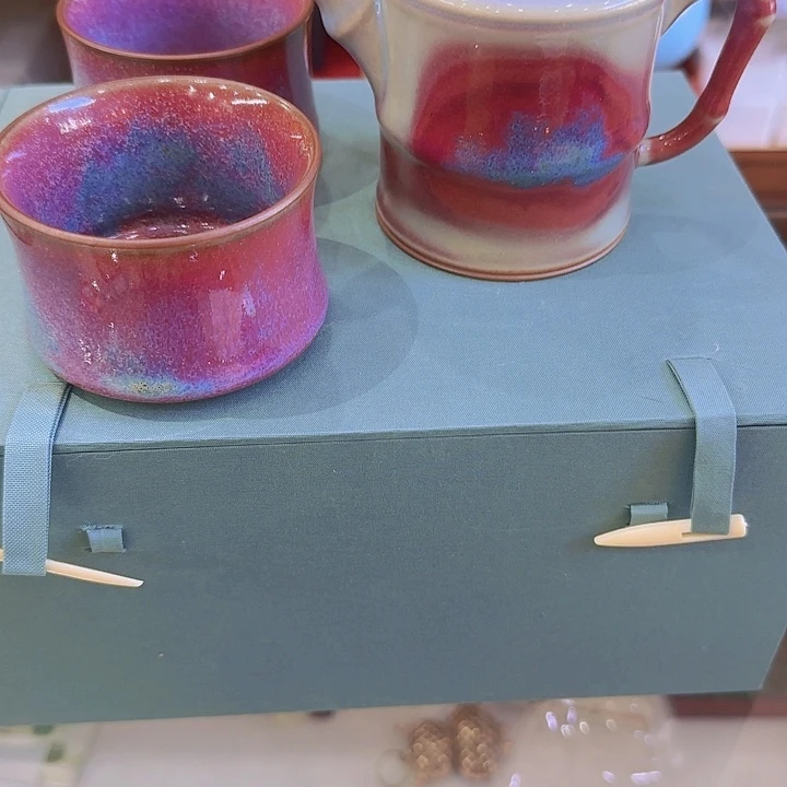 炭烧钧瓷竹节钧瓷壶两杯