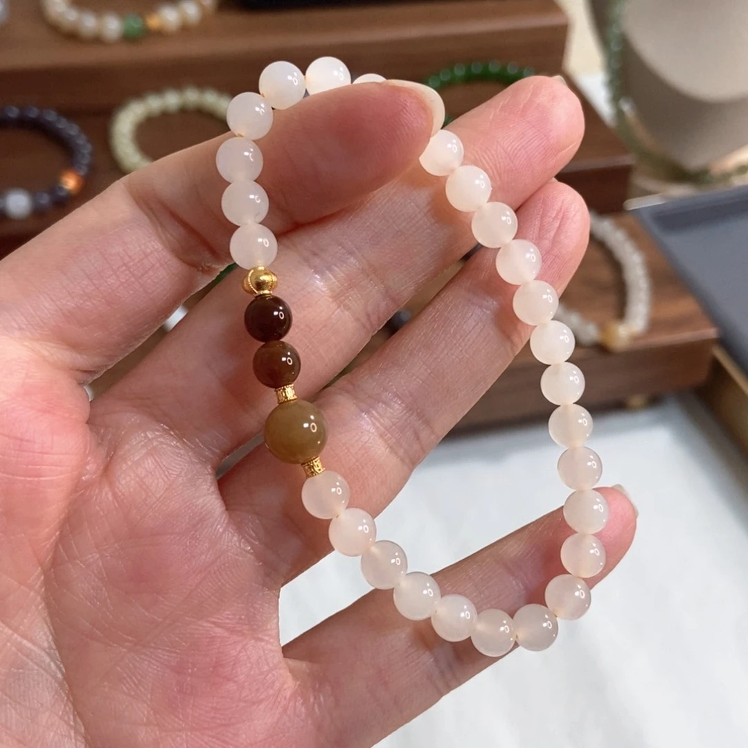 和田玉手链银S925镶嵌蜂蜜水6mm冰底