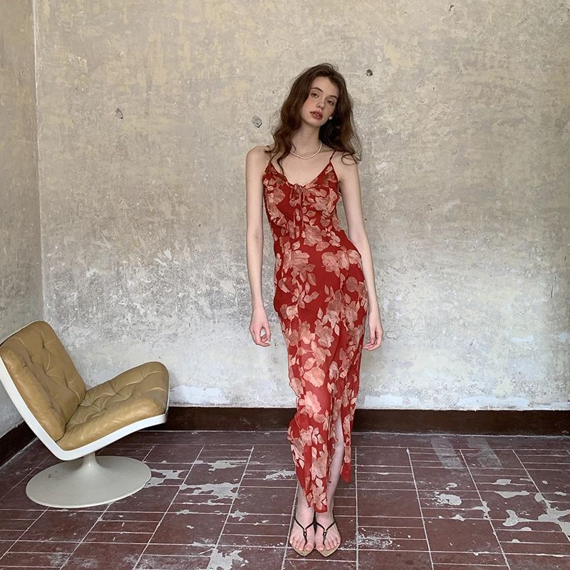 ZHUYIYI 原创设计法式荷叶边印花收腰显瘦吊带连衣裙女夏新款长裙