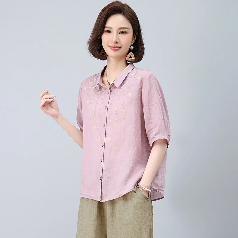 翻领短袖苎麻衬衫女夏季薄款2025新款时尚高级感宽松显瘦妈妈上衣