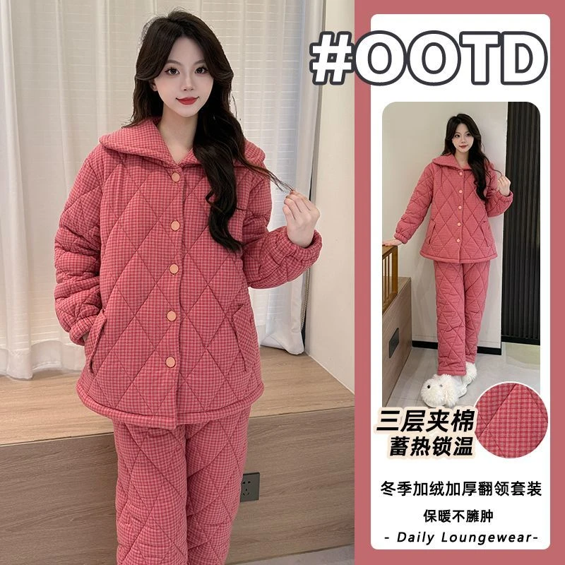 2025年家居服两件套三层夹棉加绒加厚冬季睡衣女保暖翻领可外穿