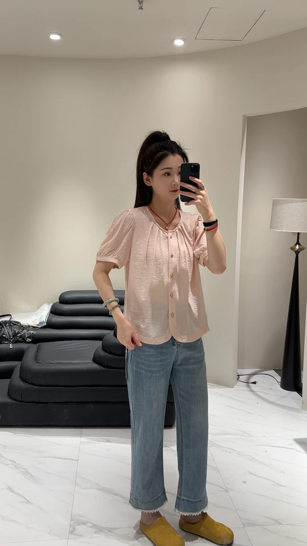 9101法式高级感泡泡袖短袖衬衫女夏季遮肚显瘦小衫不规则上衣