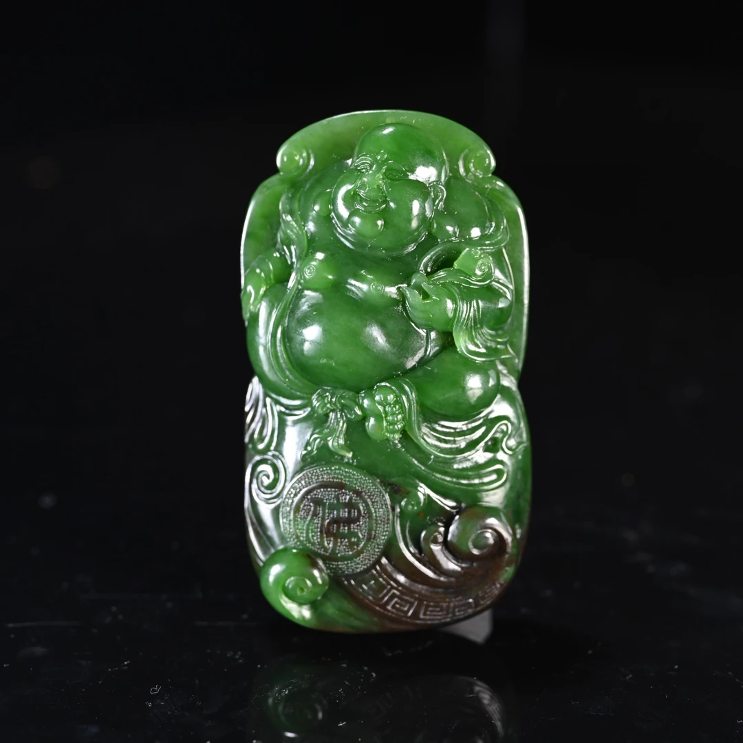 LOT8819 和田玉碧玉弥勒佛挂件/保利