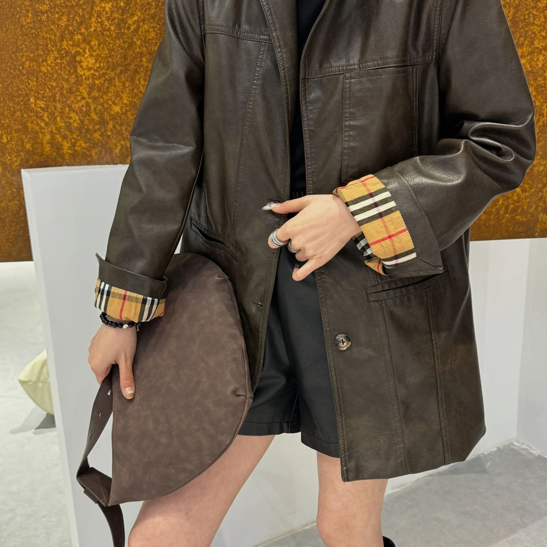 棕色皮衣外套2025春款高级感复古小众法式大码宽松显瘦上衣外套