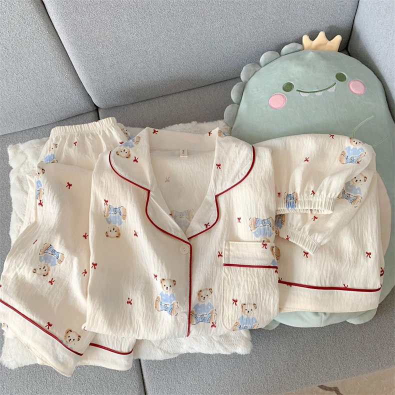 三件套卡通蝴蝶结小熊睡衣女夏季云朵棉短袖日系可爱ins风家居服