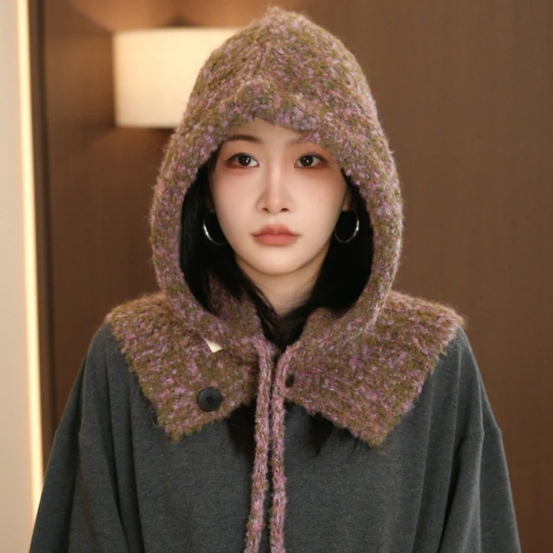 羊毛混纺帽子围脖一体巴拉克拉法帽女冬季防寒保暖加厚针织毛线帽