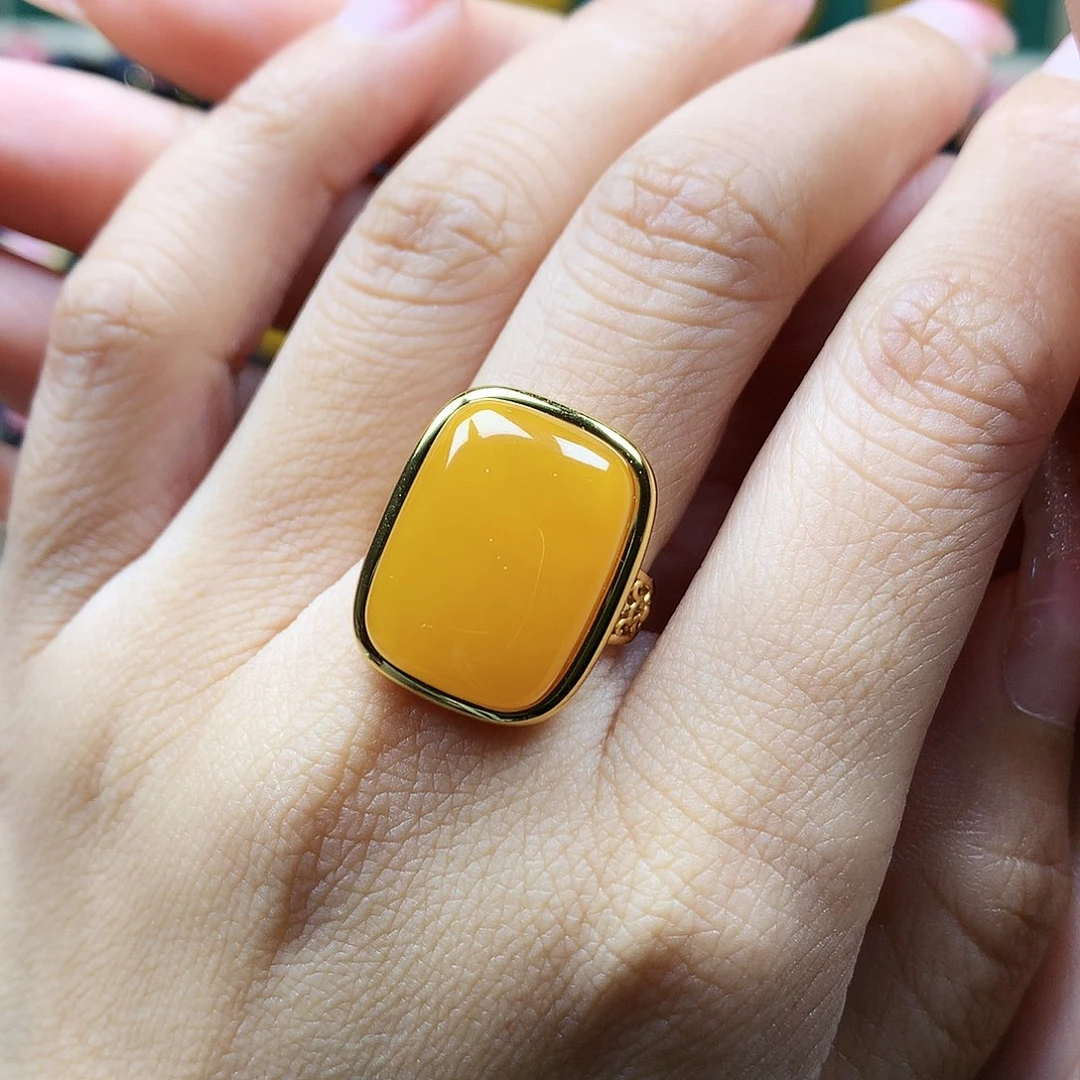 蜜蜡戒指银S925镶嵌戒指