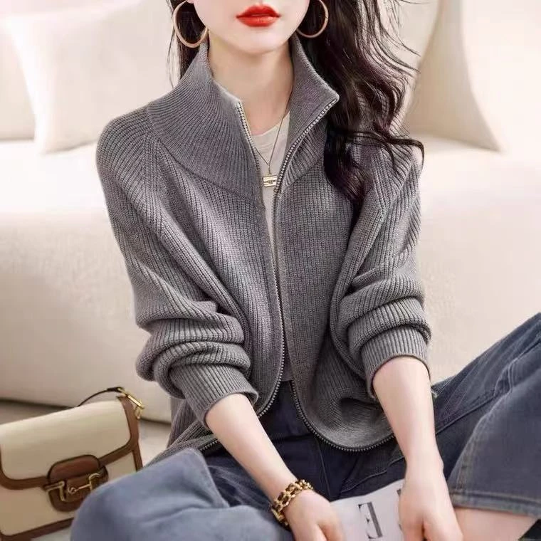 纯色厚款插肩袖女装女毛衣时尚衫立领秋季百搭韩版女士拉链开衫