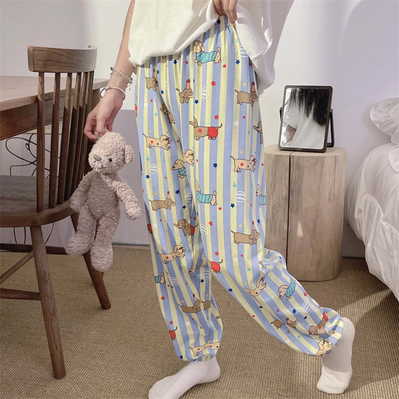 芯语婷春秋季新款条纹腊肠狗女薄款长裤休闲宽松大码家居裤可外穿