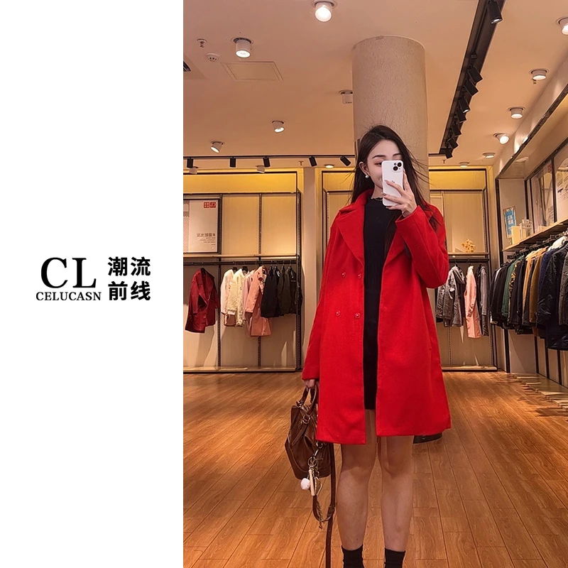 B6VIN152#红色秋冬长款翻领大衣厚外套女