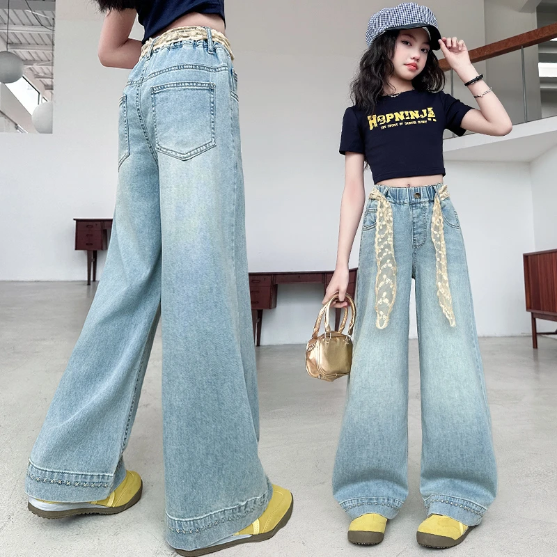 女童牛仔裤夏季薄款天丝直筒阔腿2025新款女大童夏装初中生裤子