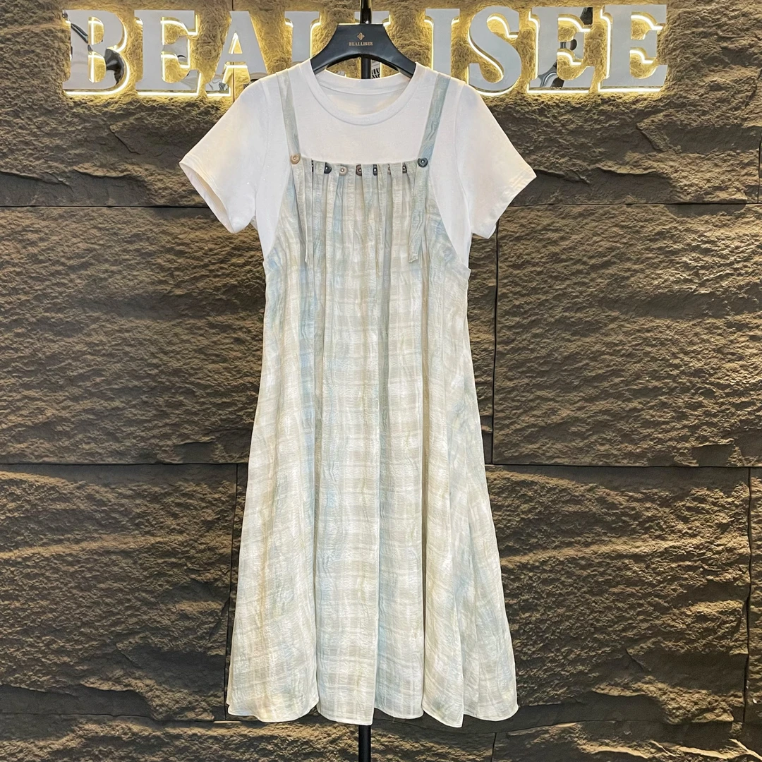 薄荷曼波拼接假两件25夏季时尚显瘦背带款连衣裙ootd-BLS-A178