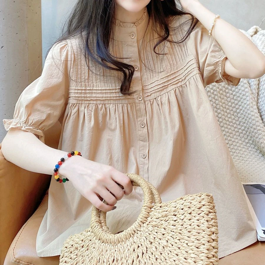 娃娃衫上衣2025年夏季韩版通勤甜美法式宫廷风琴褶皱纯色衬衫女