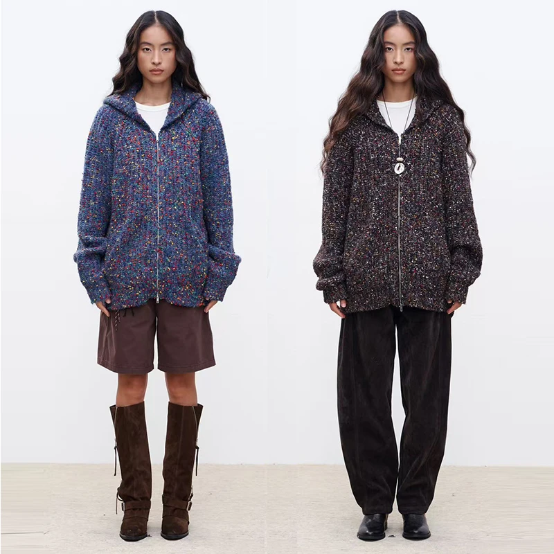 The enes boutique缤纷斑斓花式混纱连帽毛织开衫外套女秋季新款