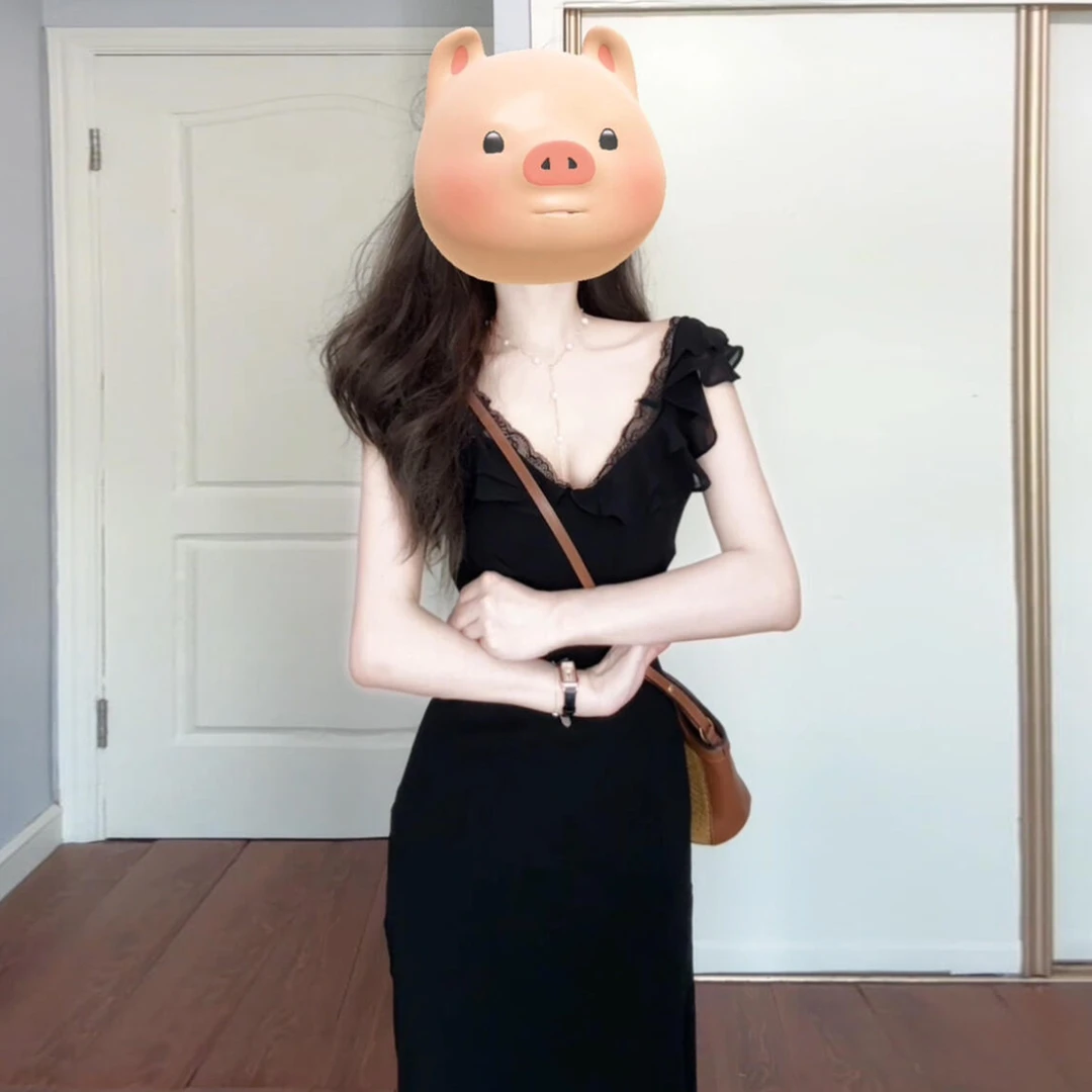 赫本风法式黑色小飞袖v领连衣裙子女装夏季20黑色长款修身连衣裙