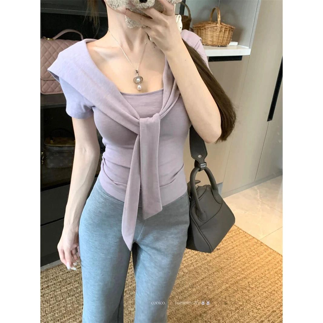 法式绑带设计感紧身短袖t恤女夏季性感学院风收腰显瘦短款上衣潮