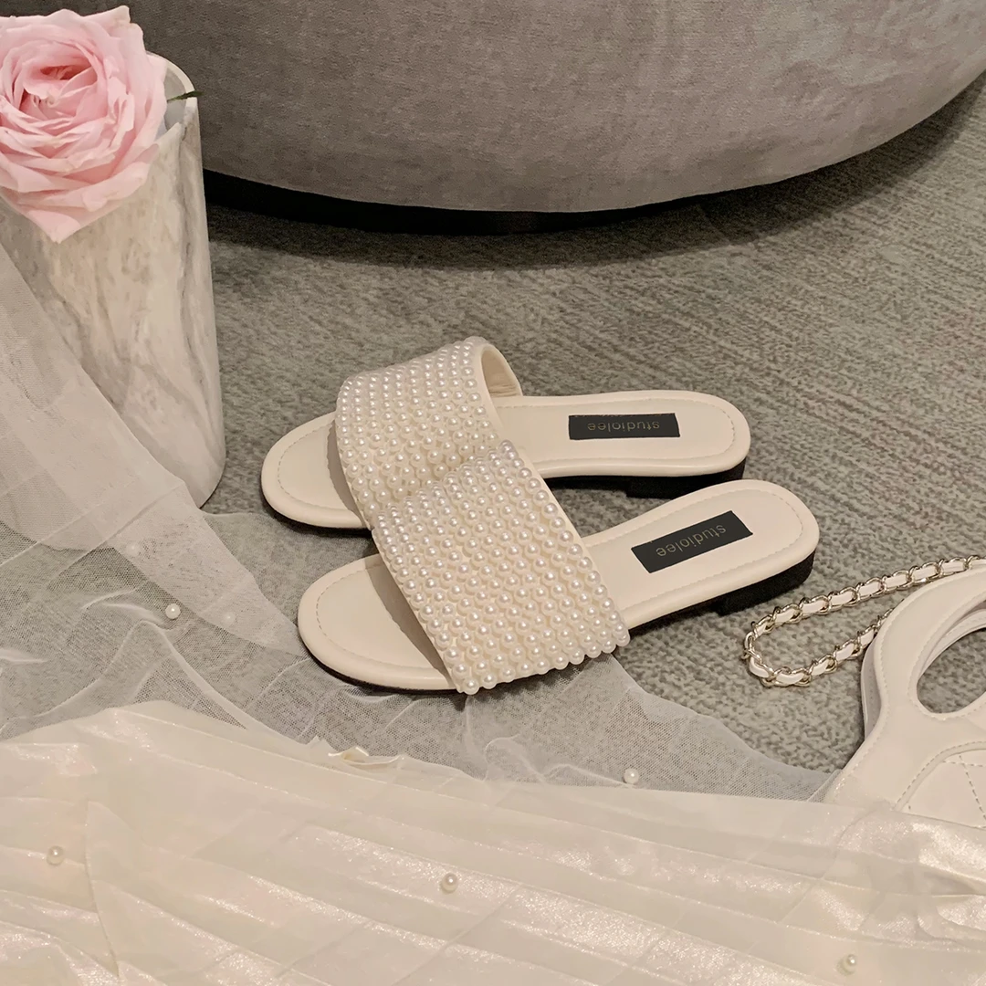 葡萄妈studiolee 法式串珠编织一字外穿仙女风凉拖鞋女夏