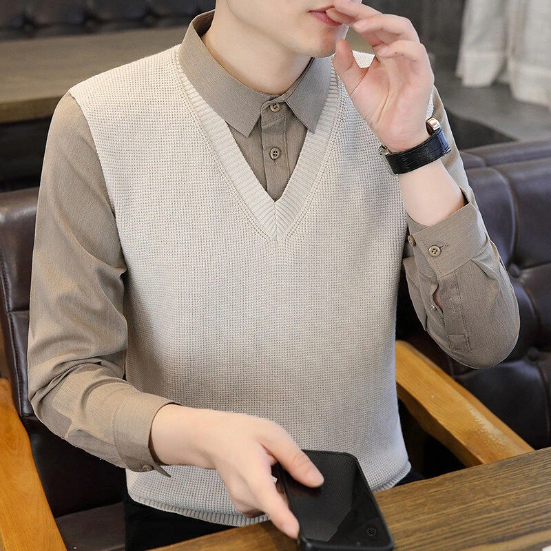 春秋假两件青少年cleanfit提花纯色衬衫领毛衣针织衫2025春秋男