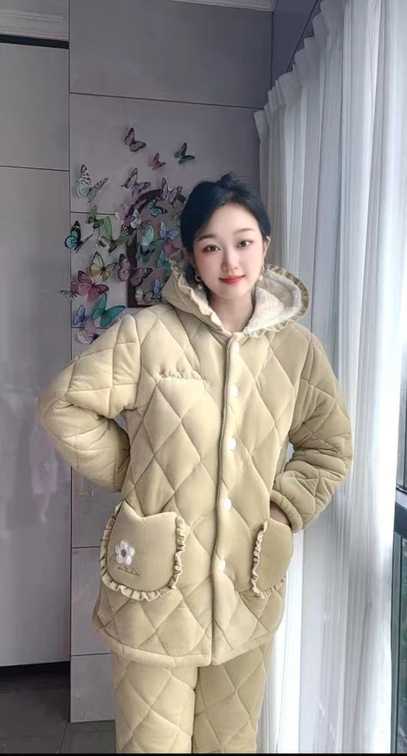 保暖冬季宽松厚款连帽长款轻薄睡衣家居服套装加厚加绒秋冬