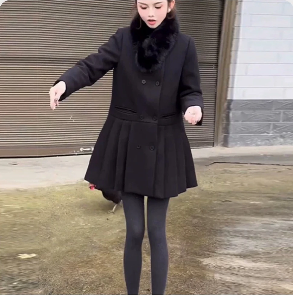 常规款中长款女秋冬呢子外套气质高腰百褶加厚百搭小个子