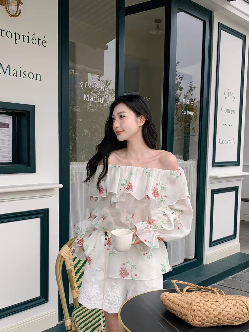 Z7227花朵常规款宽松型衬衫气质上衣衬衣夏季露肩