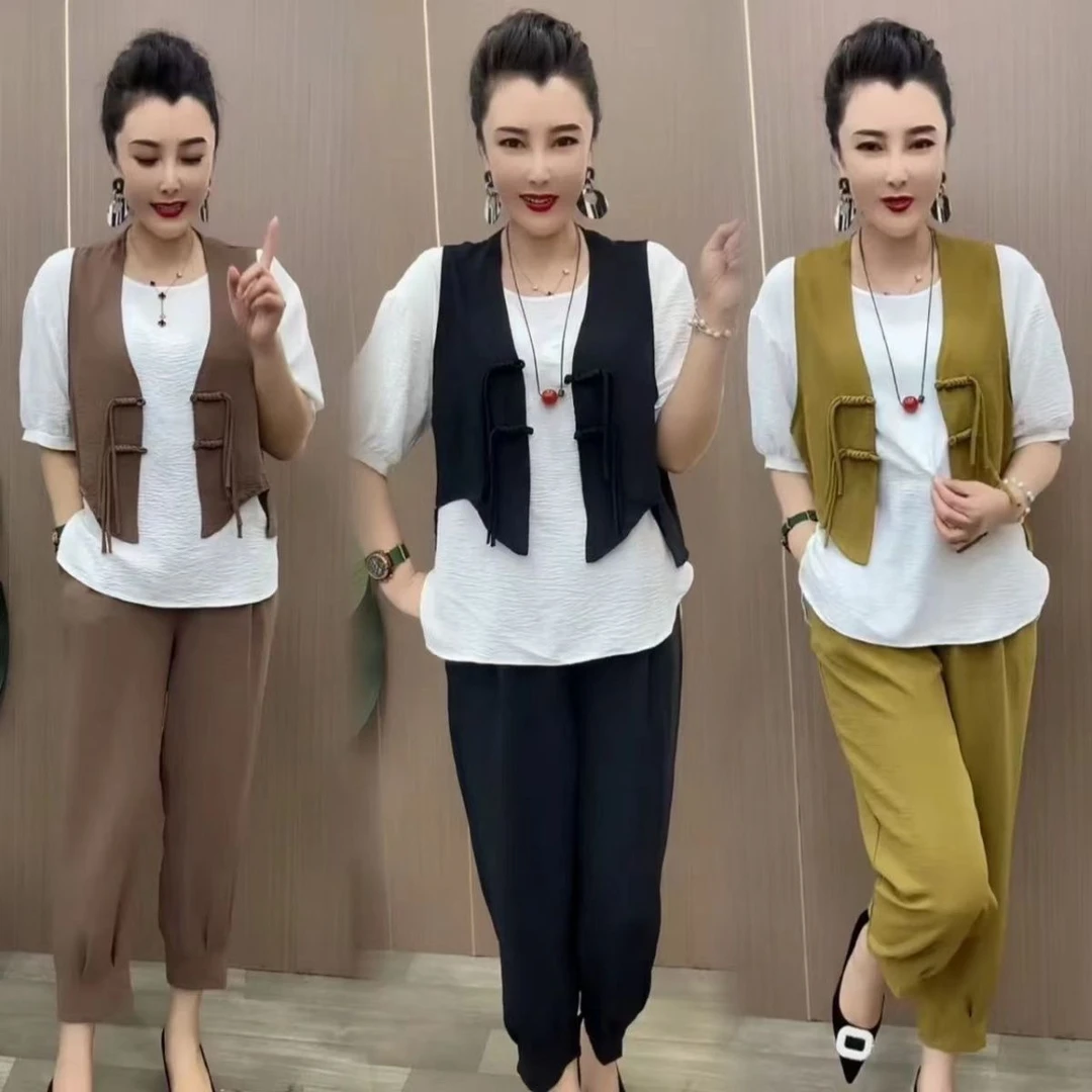 新中式盘扣时尚休闲短袖马甲套装夏季新款宽松显瘦三件套
