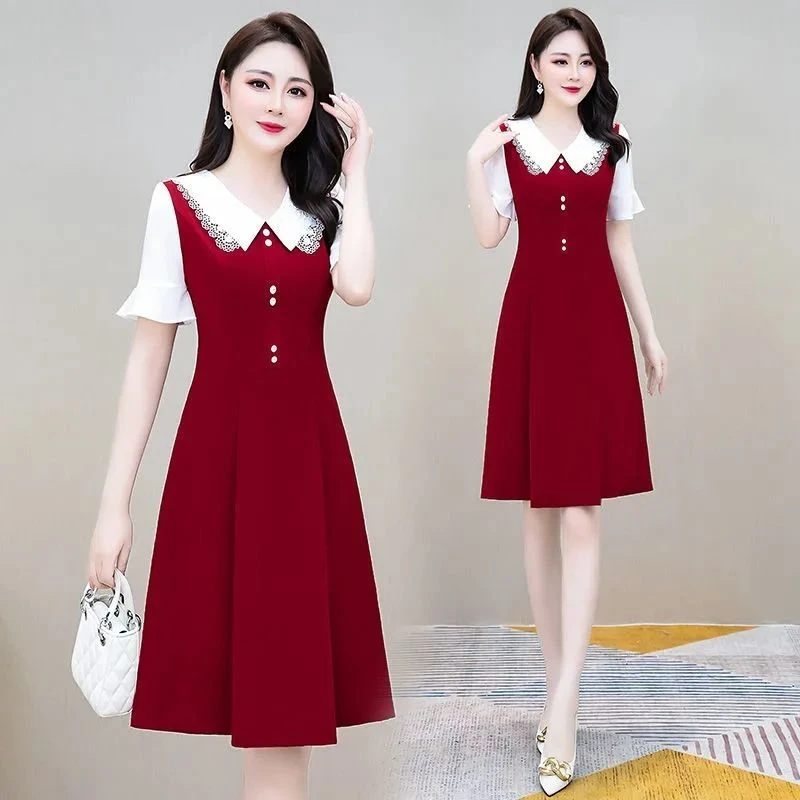 雪纺连衣裙女夏2025年新款时尚减龄修身显瘦娃娃领中款小个子裙子