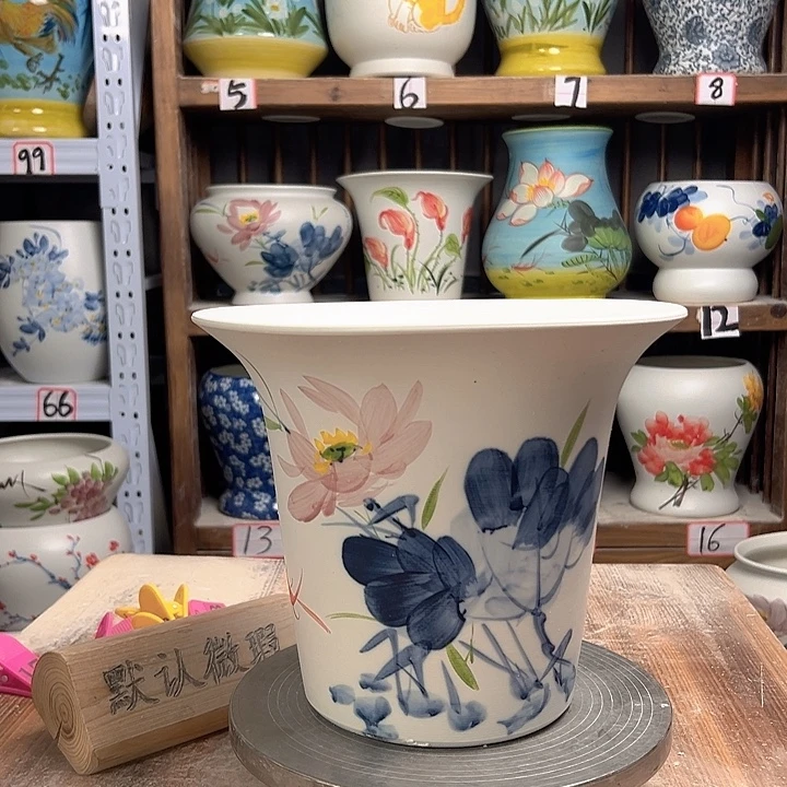 白泥斗笠青花荷花陶瓷