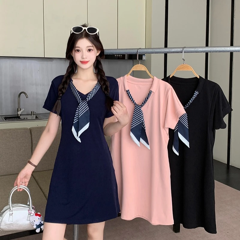 大码假两件连衣裙夏季短袖胖mm显瘦带领带拼接设计感气质通勤裙子