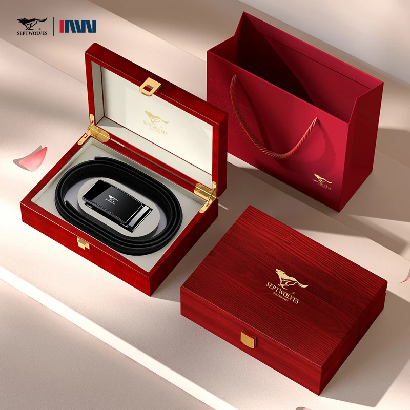 七匹狼男士真牛皮裤腰带红木礼盒送男朋友老公爸爸生日纪念日礼物