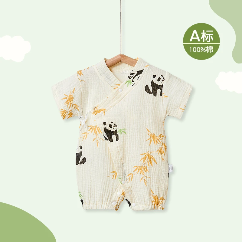 满月宝宝纯棉纱布连体衣夏天薄款爬服婴幼儿斜襟系带护肚子和尚服