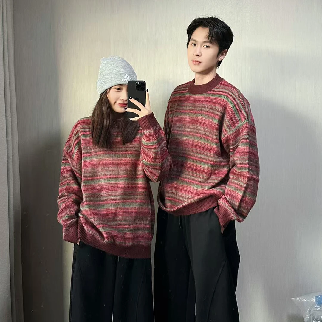 条纹爆款针织衫男女同款撞色潮流毛衣情侣装休闲百搭潮流上衣韩版