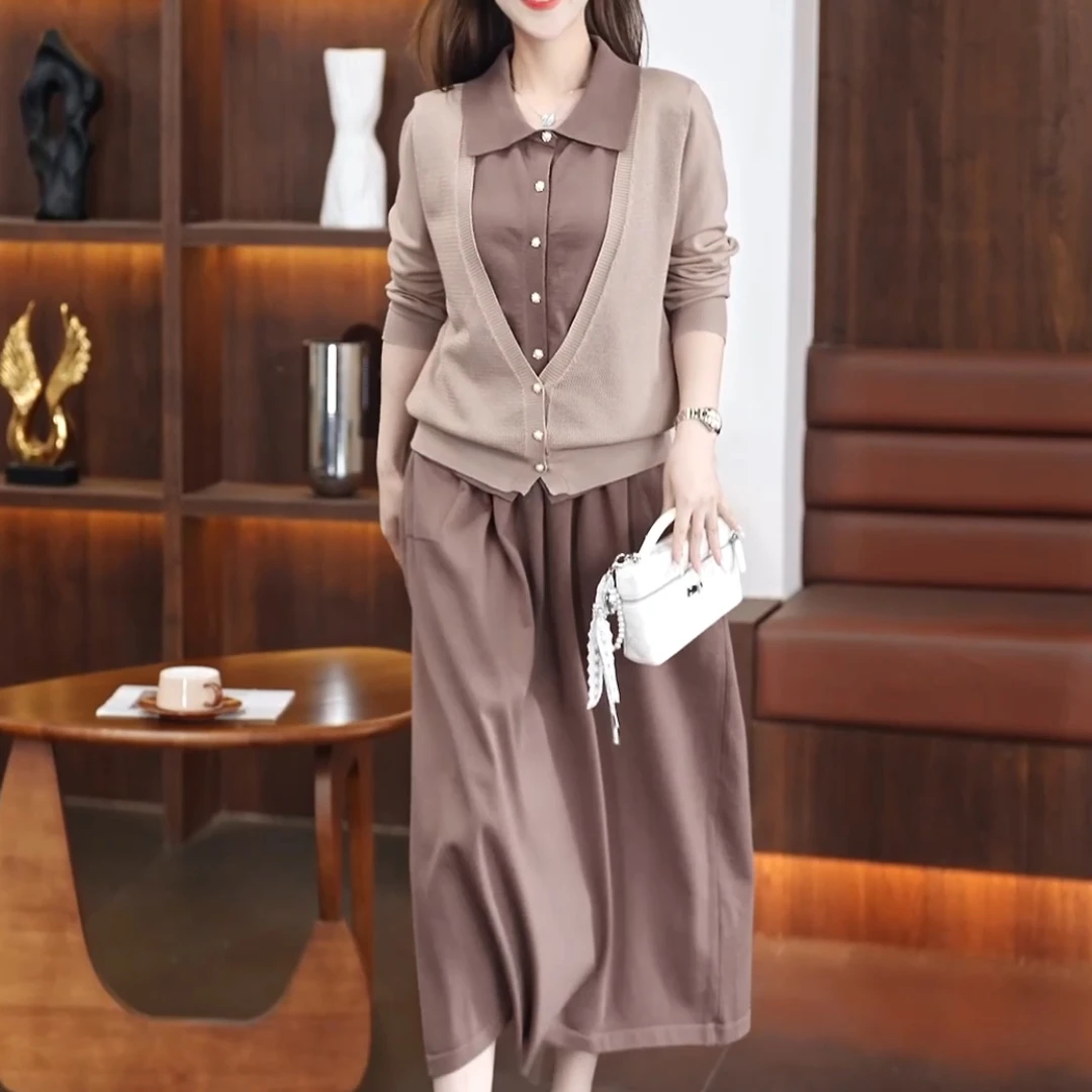 洋气假两件开衫翻领长袖针织衫显瘦气质垂感半身裙春秋款拼接套装