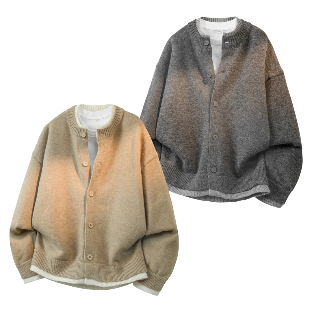 GT39#【实拍】老钱风假两件开衫毛衣男秋冬季宽松设计感针织衫外