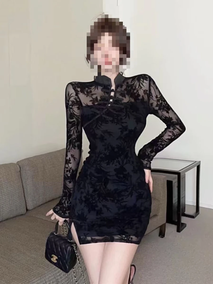 大码秋季女主气质国风复古改良旗袍短款修身显瘦长袖连衣裙3367