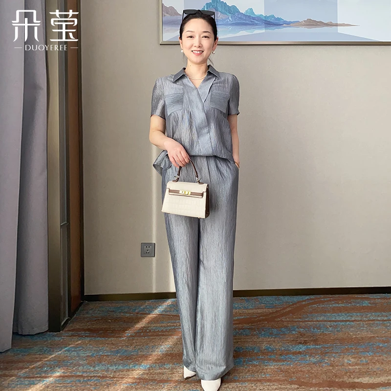 妈妈时尚气质套装女2025夏季新款中老年时尚休闲显瘦阔腿裤两件套