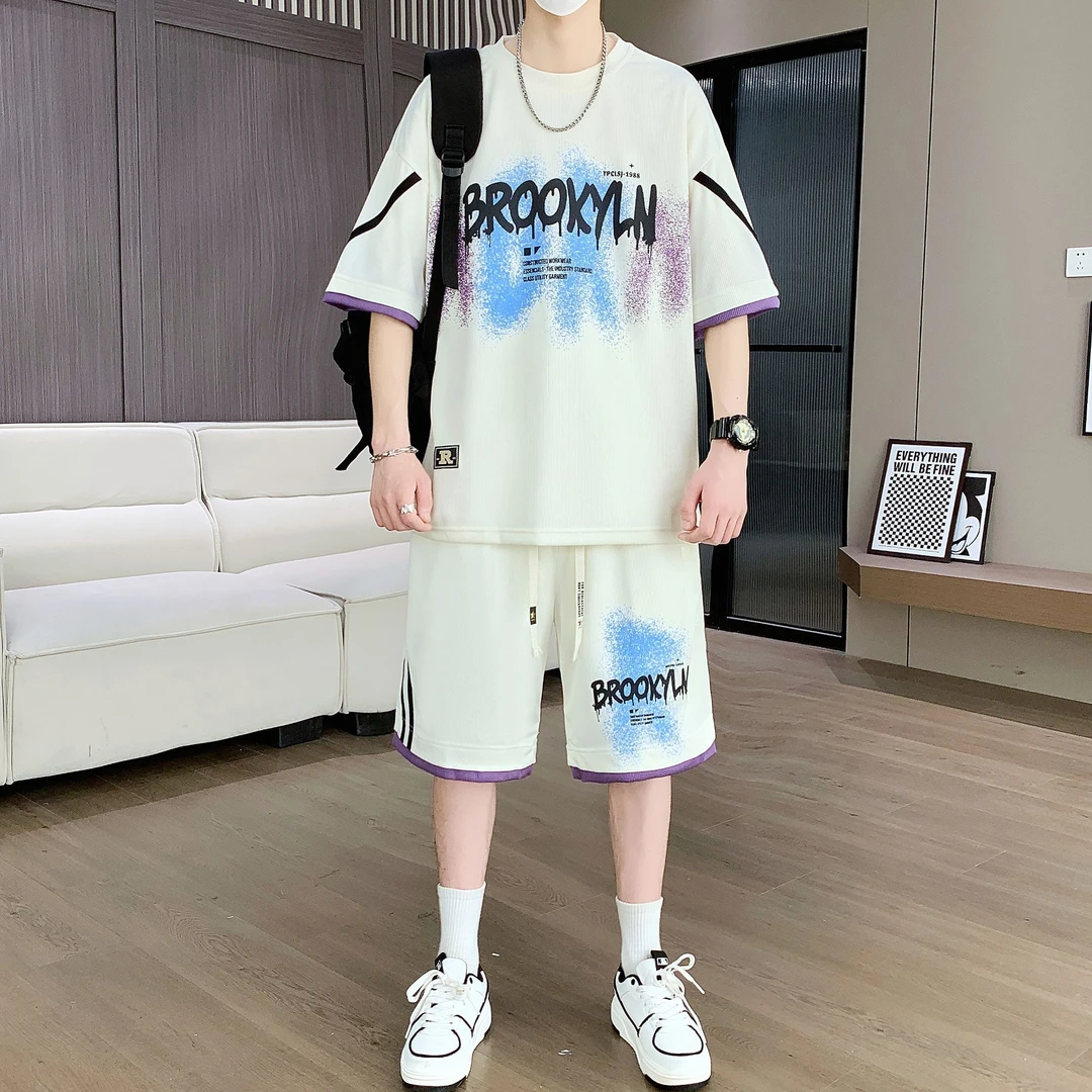 大码男装100-280斤冰丝短袖t恤男青少年夏装帅气短袖休闲运动套装