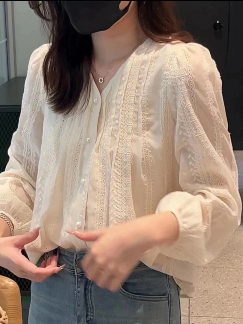 设计感小众蕾丝长袖衬衫女2025秋季新款刺绣小衫打底衫法式上衣