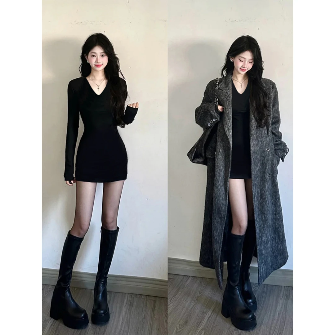 黑色v领针织连衣裙女秋冬季长袖大衣内搭巨好看秋冬修身包臀裙子